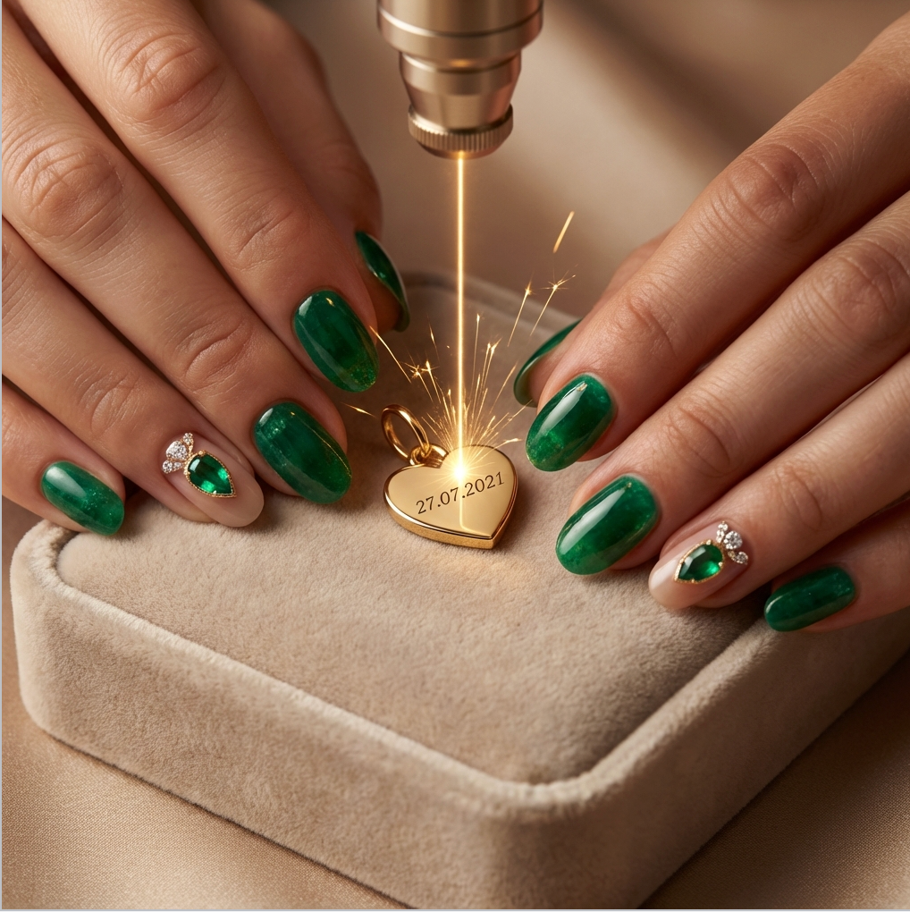 jewelry charm welding of date, with woman's manicured nails around it