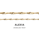 Gold chain bracelet for permanent jewelry welding labeled 'ALEXIA Sparkling Twist' on a white background