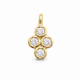 A yellow gold pendant featuring four round-cut clear gemstones arranged in a cross or flower-like cluster, set against a plain white background.