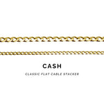 Two gold chains with 'CASH' and 'CLASSIC FLAT CABLE STACKER' text on a white background