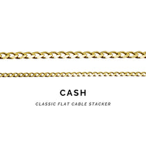 Two gold chains with 'CASH' and 'CLASSIC FLAT CABLE STACKER' text on a white background