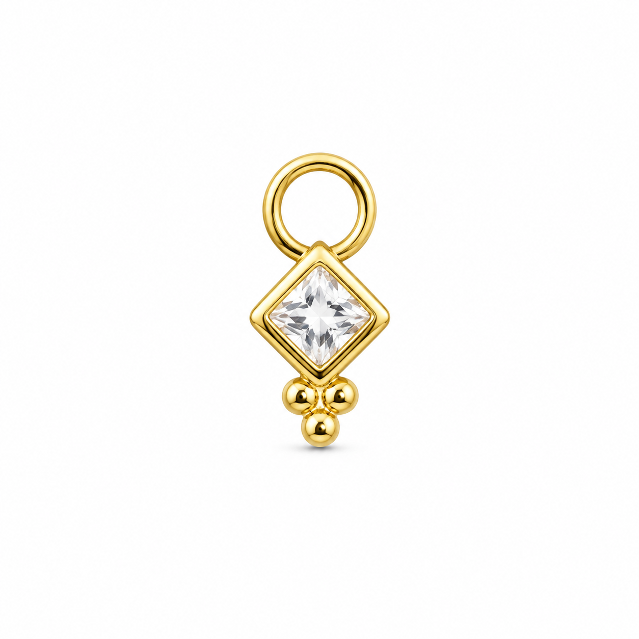 A gold charm featuring a clear square-cut gemstone in a diamond-shaped bezel setting, with a top loop and three small gold beads below, shown on a plain white background.