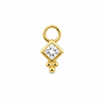 A gold charm featuring a clear square-cut gemstone in a diamond-shaped bezel setting, with a top loop and three small gold beads below, shown on a plain white background.