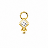 A gold charm featuring a clear square-cut gemstone in a diamond-shaped bezel setting, with a top loop and three small gold beads below, shown on a plain white background.
