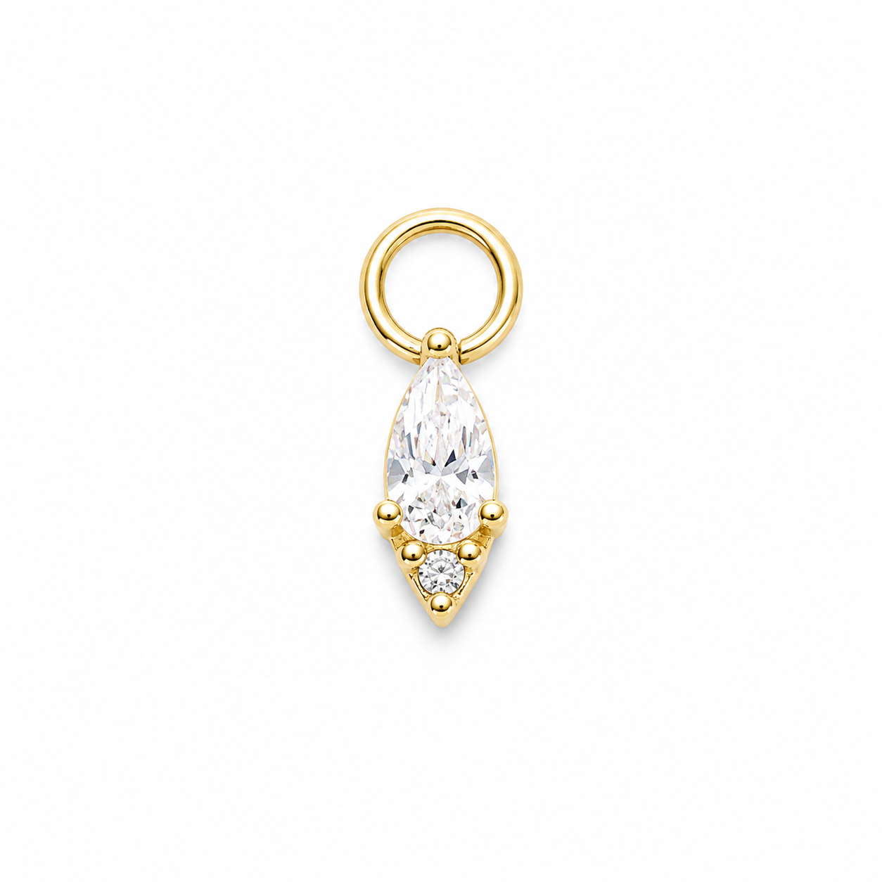 A gold charm featuring a marquise-cut clear gemstone in a prong setting with a small cluster of round clear gemstones below, attached to a circular ring loop, shown on a plain white background.