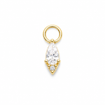 A gold charm featuring a marquise-cut clear gemstone in a prong setting with a small cluster of round clear gemstones below, attached to a circular ring loop, shown on a plain white background.