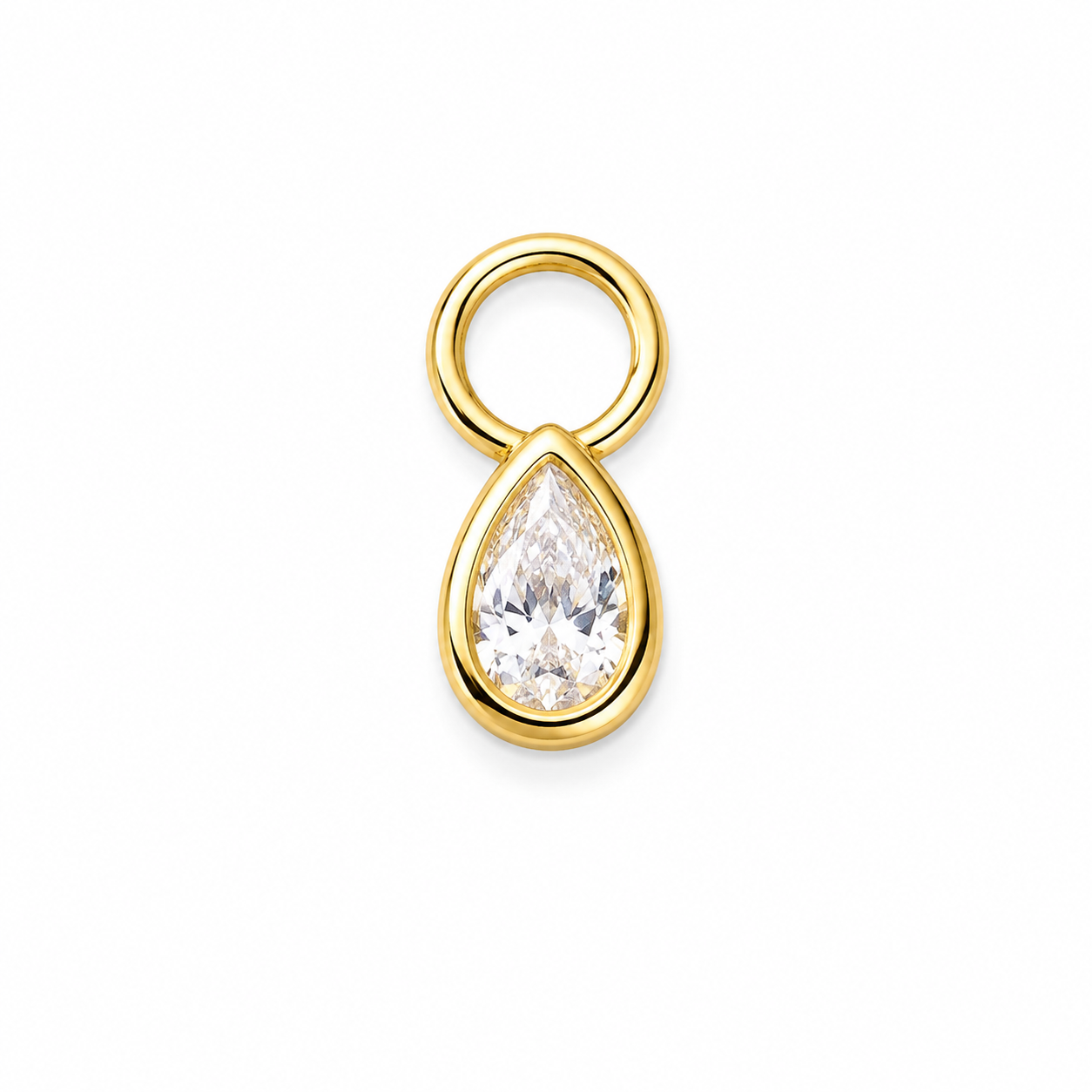 A gold teardrop pendant charm featuring a clear pear-cut gemstone in a bezel setting, attached to a polished gold ring loop, shown on a solid white background.