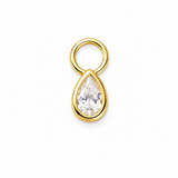 A gold teardrop pendant charm featuring a clear pear-cut gemstone in a bezel setting, attached to a polished gold ring loop, shown on a solid white background.