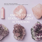Promotional image for energy stone station and event activation with crystals on a light background.