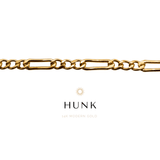 A gold-colored chain necklace with the brand name 'HUNK' written above.