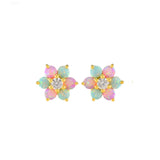 Pair of flower-shaped earrings with colorful petals and a central gemstone on a white background.