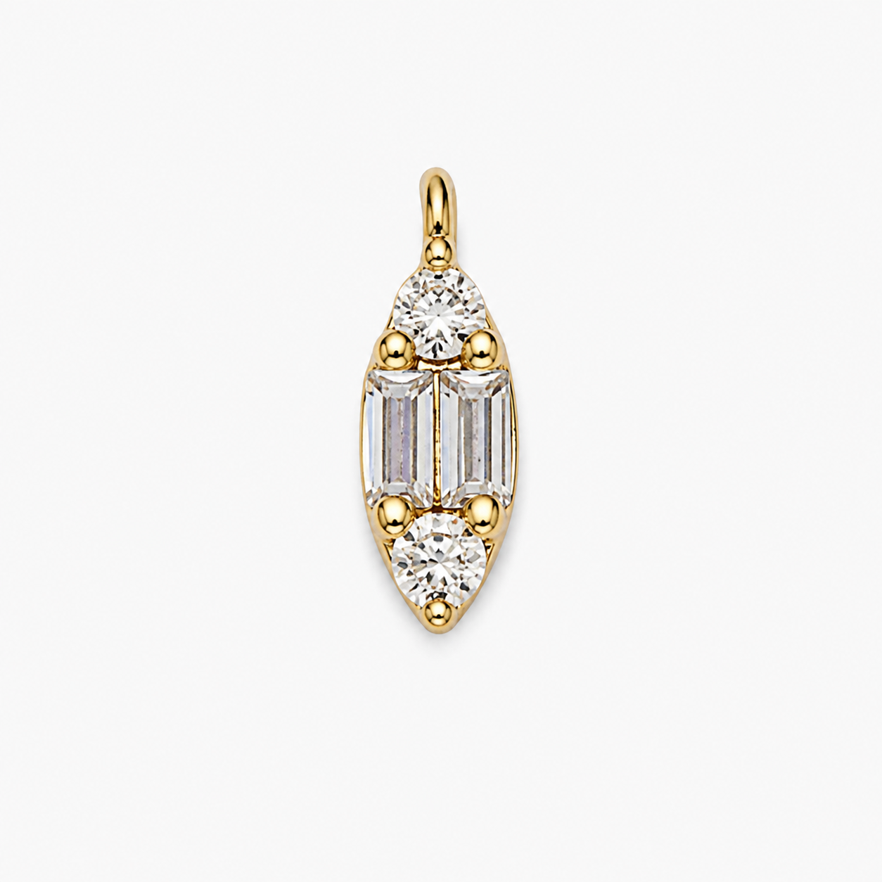 A gold pendant featuring a central baguette-cut diamond flanked by round and marquise-cut diamonds, set in a yellow gold bezel with small gold accent beads, on a light gray background.