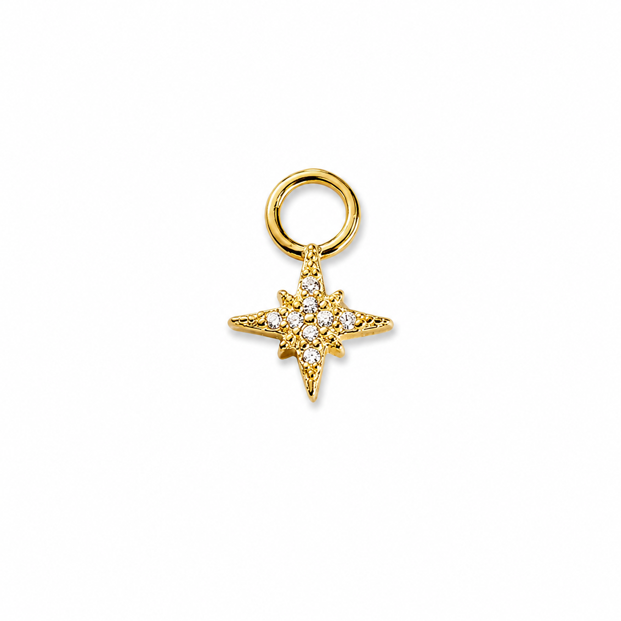A gold starburst charm with a central ring of clear cubic zirconia stones, suspended from a gold jump ring, shown on a plain white background.