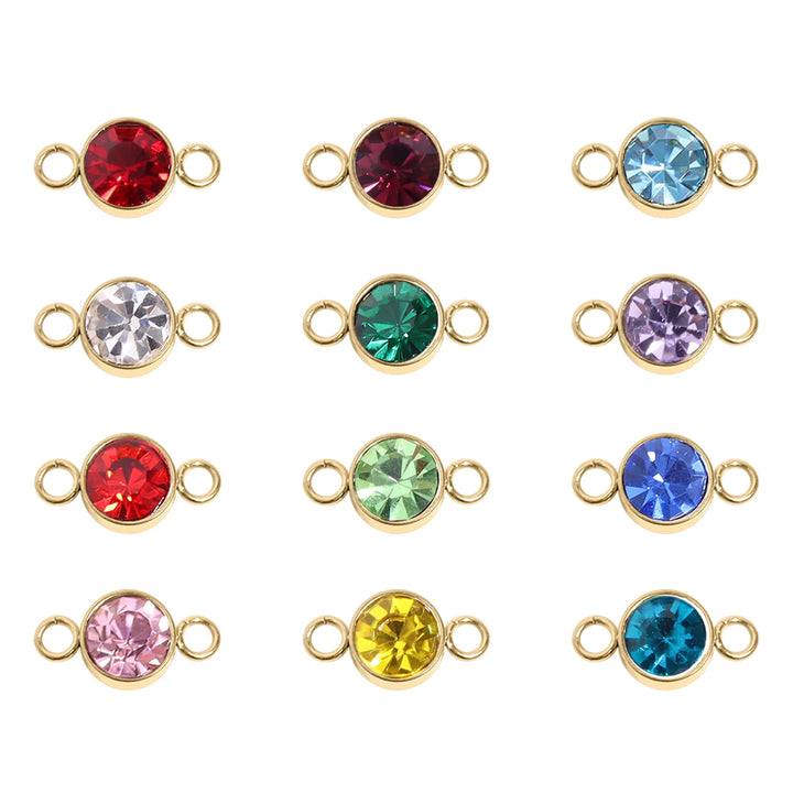 Assorted colorful gemstone charms with gold loops on a white background