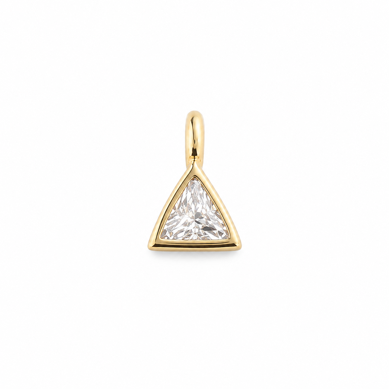 A gold triangular pendant charm featuring a clear, faceted triangular gemstone in a prong setting, shown against a plain white background.