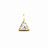 A gold triangular pendant charm featuring a clear, faceted triangular gemstone in a prong setting, shown against a plain white background.