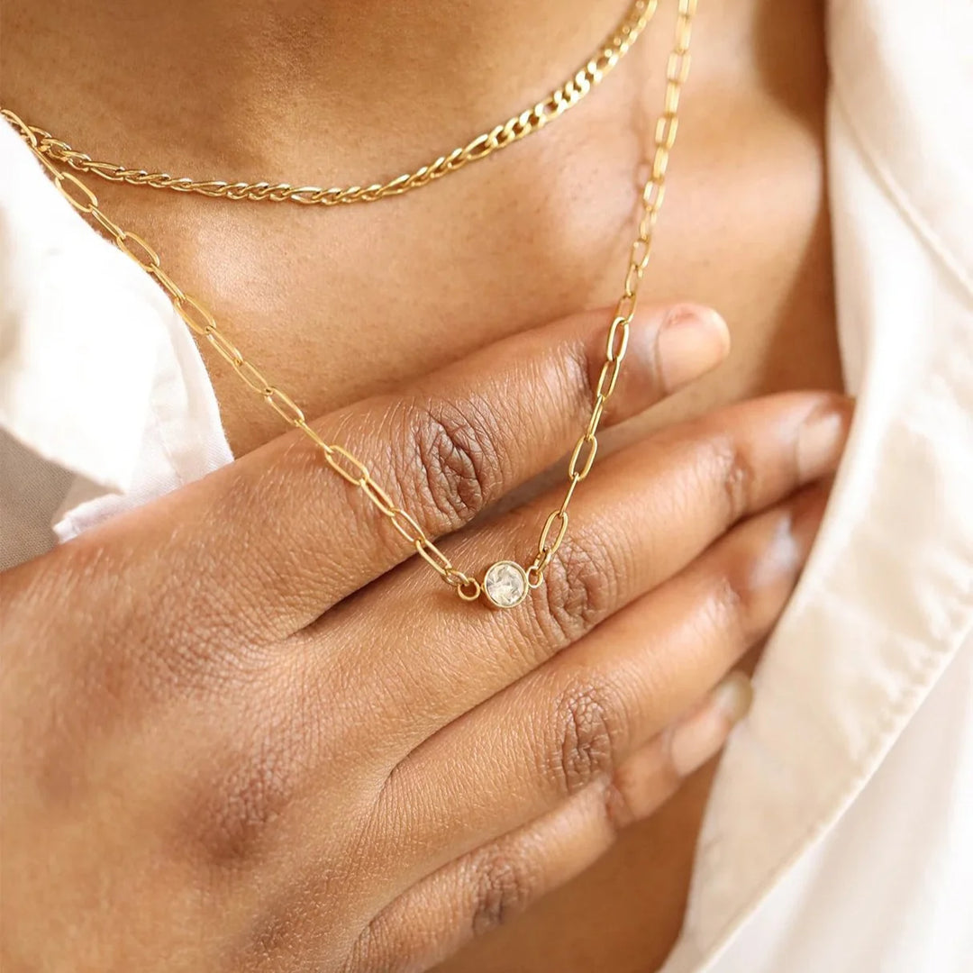 Close-up of a hand wearing a gold chain necklace with a small round pendant.