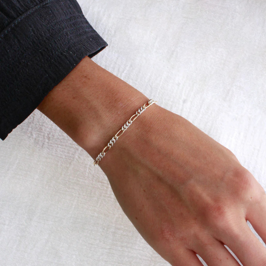 Gold bracelet on a wrist against a white background