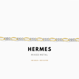 Hermes mixed metal bracelet with gold and silver links on a white background