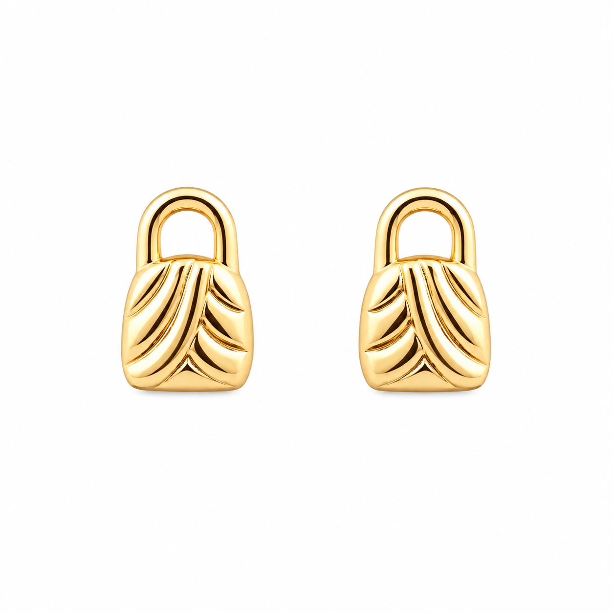 A pair of gold stud earrings shaped like small padlocks with a textured leaf-like pattern on the front, set against a plain white background.