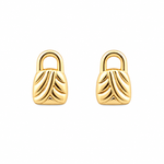 A pair of gold stud earrings shaped like small padlocks with a textured leaf-like pattern on the front, set against a plain white background.