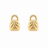 A pair of gold stud earrings shaped like small padlocks with a textured leaf-like pattern on the front, set against a plain white background.
