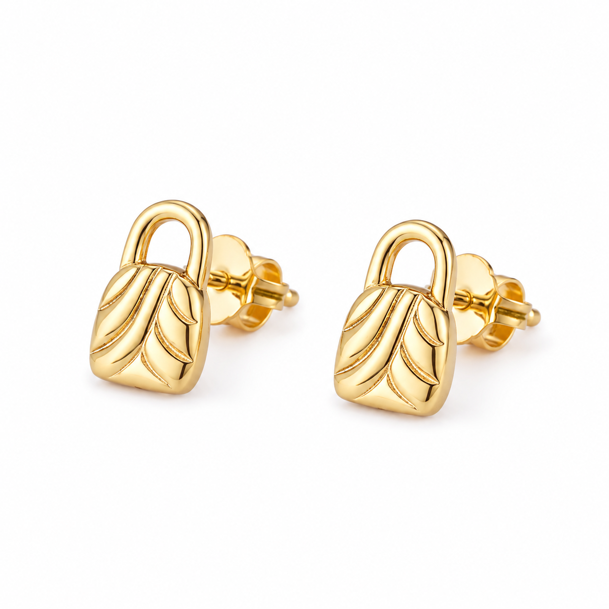 A pair of gold stud earrings shaped like small padlocks with a textured leaf pattern, shown on a clean white background.