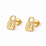 A pair of gold stud earrings shaped like small padlocks with a textured leaf pattern, shown on a clean white background.