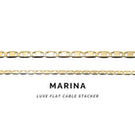 Gold chain necklace with 'Marina' branding on a white background