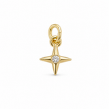 A gold four-pointed star charm pendant featuring a small clear round-cut gemstone at the center, suspended from a gold clasp loop, shown on a plain white background.