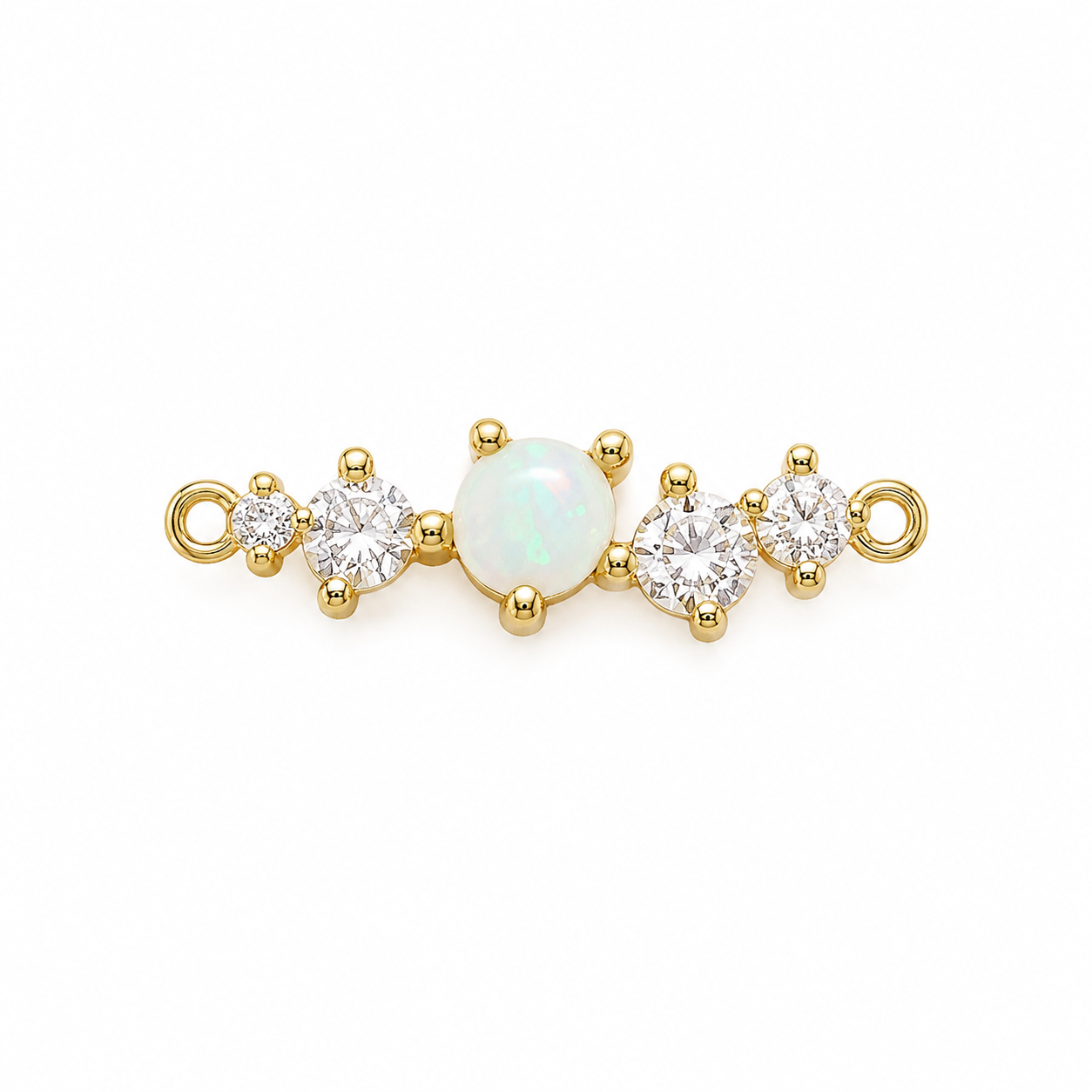 A gold-plated jewelry chain extender featuring a central round white opal surrounded by clear cubic zirconia stones on each side, set against a plain white background.
