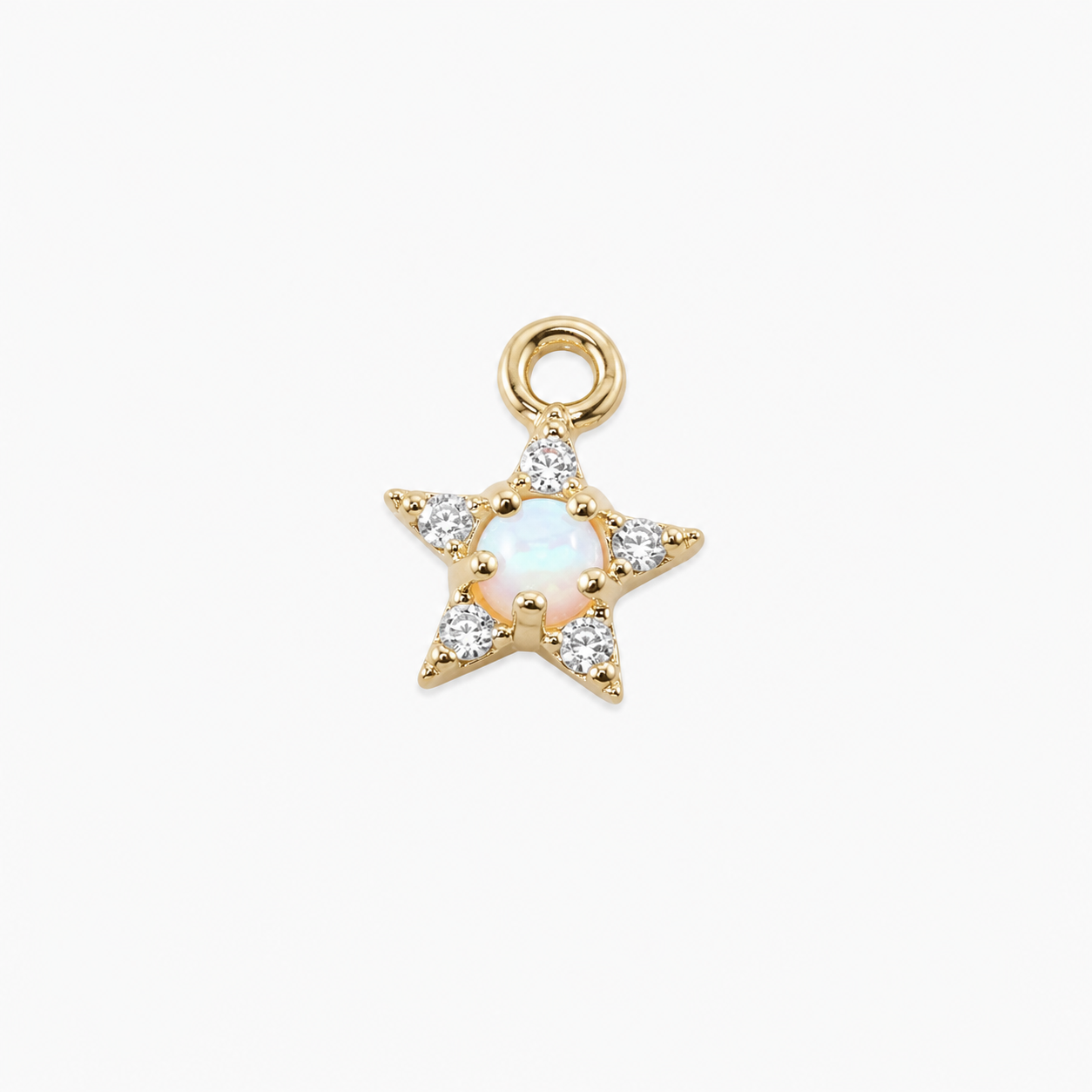 A gold star-shaped charm pendant featuring a central iridescent white opal and clear cubic zirconia stones, shown on a clean white background.
