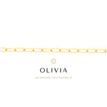 Gold paperclip necklace with 'OLIVIA' branding on a white background