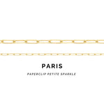 Gold paperclip necklace labeled 'PARIS' on a white background