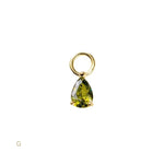 Gold pendant with a green teardrop-shaped gemstone on a white background
