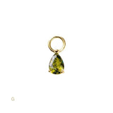 Gold pendant with a green teardrop-shaped gemstone on a white background