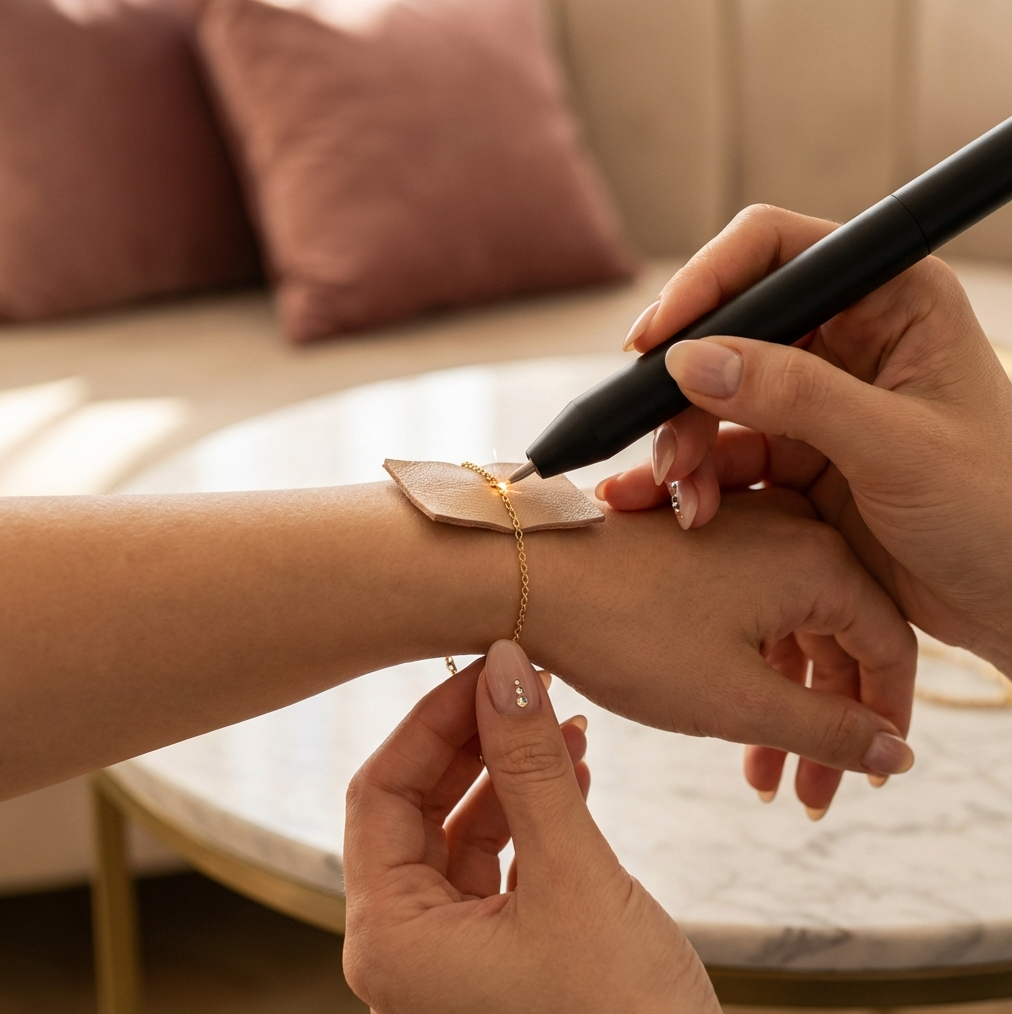 Permanent Jewelry Service. Person applying a bracelet another person's wrist with a welding stylus device. 