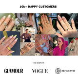 Collage of people wearing rings with text about happy customers and magazine mentions.