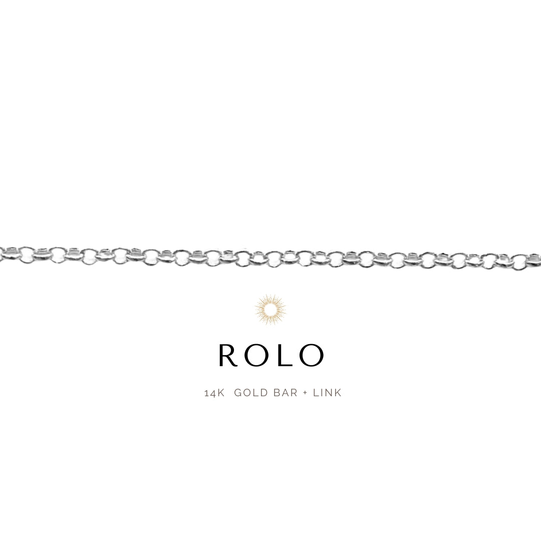 Silver chain necklace with 'ROLO' branding on a white background