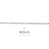Silver chain necklace with 'ROLO' branding on a white background