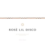 Rose gold necklace on a white background with 'Rosé Lil Disco' branding.