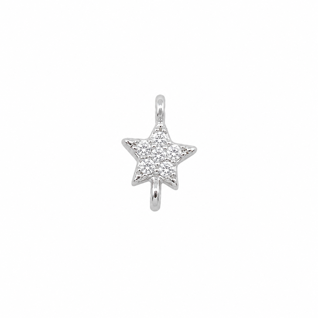 A silver five-pointed star pendant embellished with small clear pavé stones, centered on a plain white background.