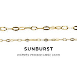 Gold chain labeled 'Sunburst Diamond Pressed Cable Chain' on a white background
