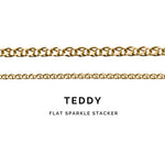 Gold chain necklace labeled 'TEDDY Flat Sparkle Stacker' on a white background