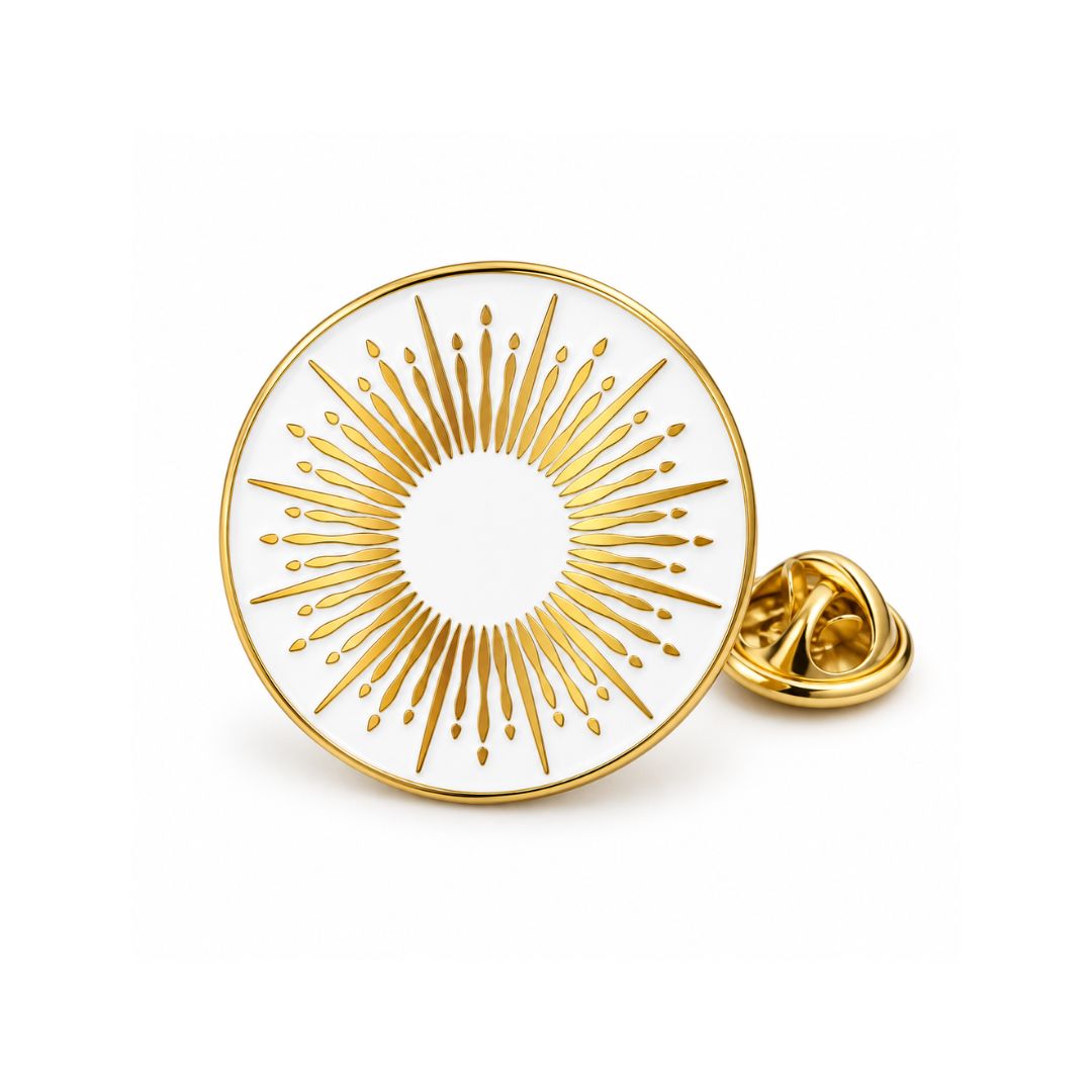 GB Burst Pin - gold sunburst on white enamel
